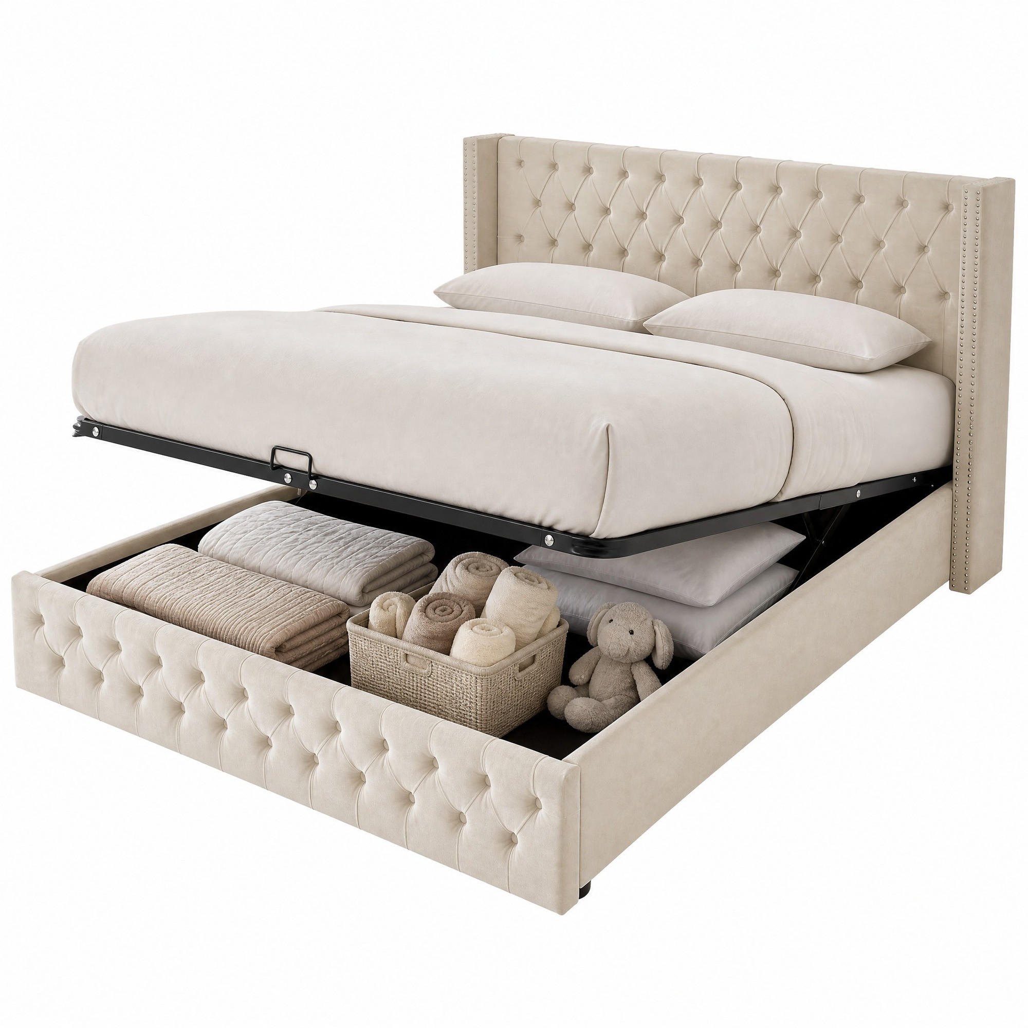 POLSTERBETT 140/200 cm in Beige Samt mit Bettkasten - Beige, Holzwerkstoff/Textil (140/200cm) - CHICFURN