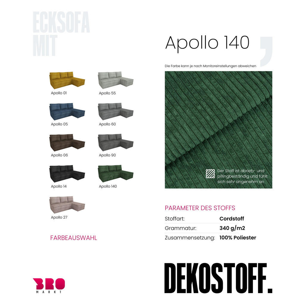 Thumbnail - Bromarkt Ecksofa, Grün, Textil, 3-Sitzer, Ottomane rechts, seitenverkehrt montierbar, L-Form, 200x141 cm, Wohnzimmer, So...