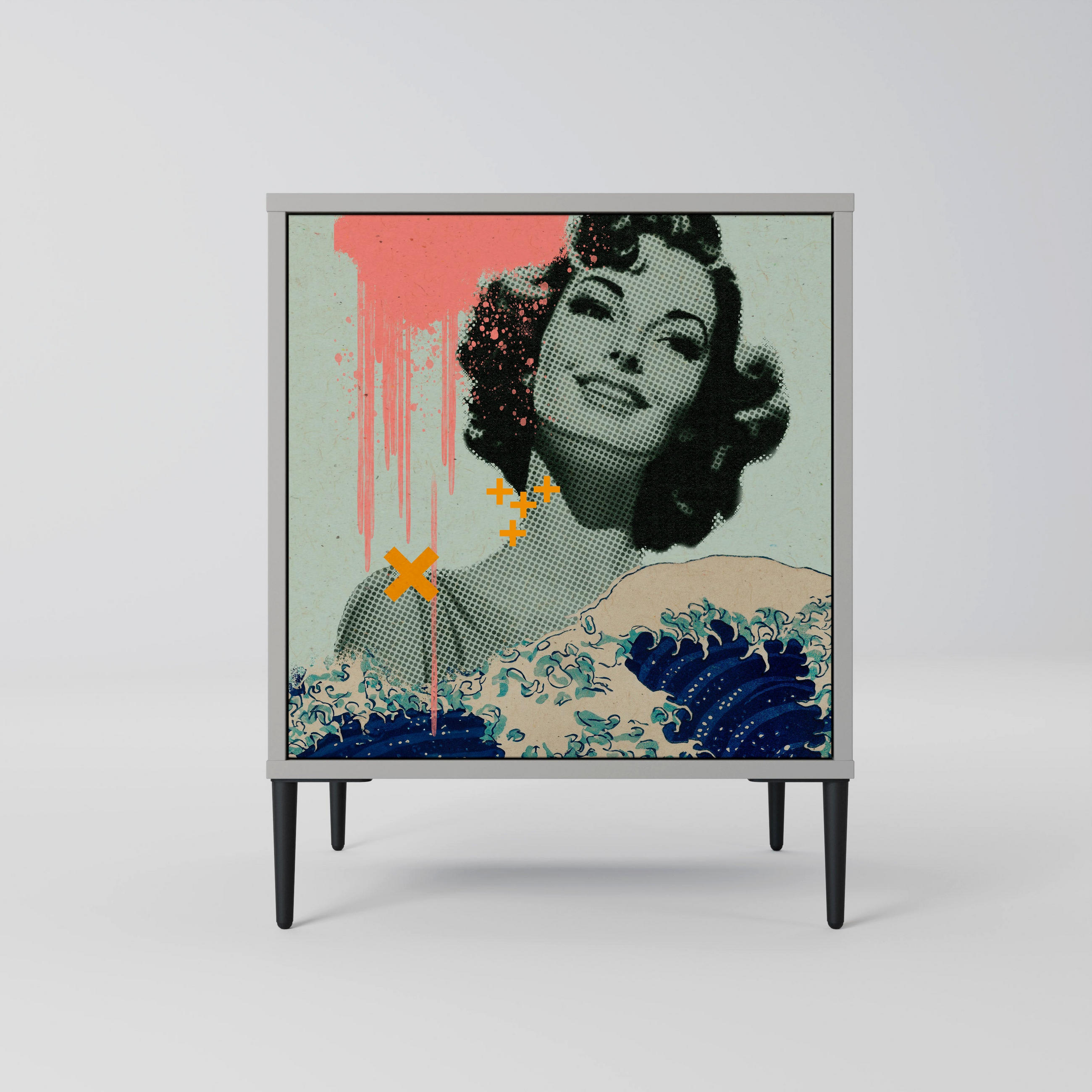 SIDEBOARD KANAGAWA BEAUTY, Grau, 57,5x42x72,5 cm, Schwarze Metallfüße - Multicolor/Schwarz, Holzwerkstoff/Metall (57.5/72.5/42cm) - SpaceRebels