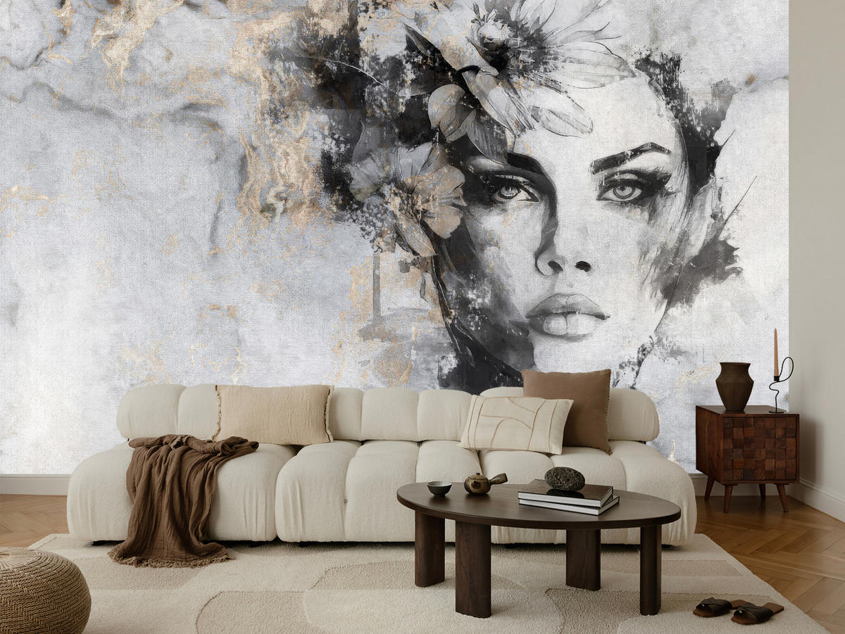 FOTOTAPETE für Wohnzimmer Frau Porträt Beton Blumen Modern 400x280 - Goldfarben/Schwarz, Papier (400/280cm) - Muralo