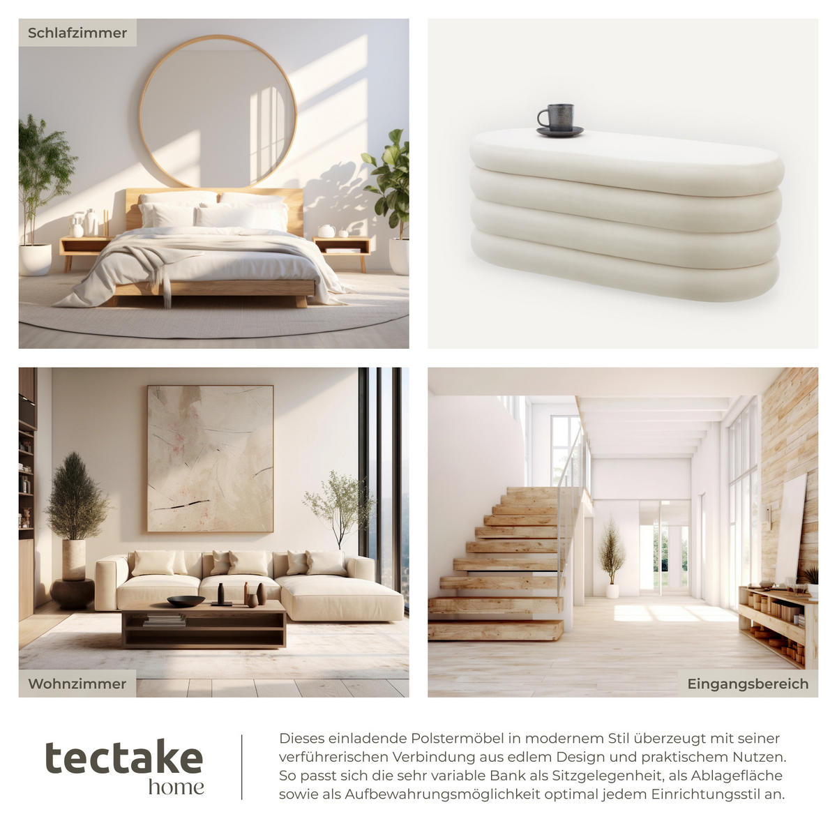 POLSTERBANK Altu,110 x 45 x 42 cm,Samtoptik creme-weiß - Weiß/Samtahornfarben, Holz (110/42/45cm) - tectake