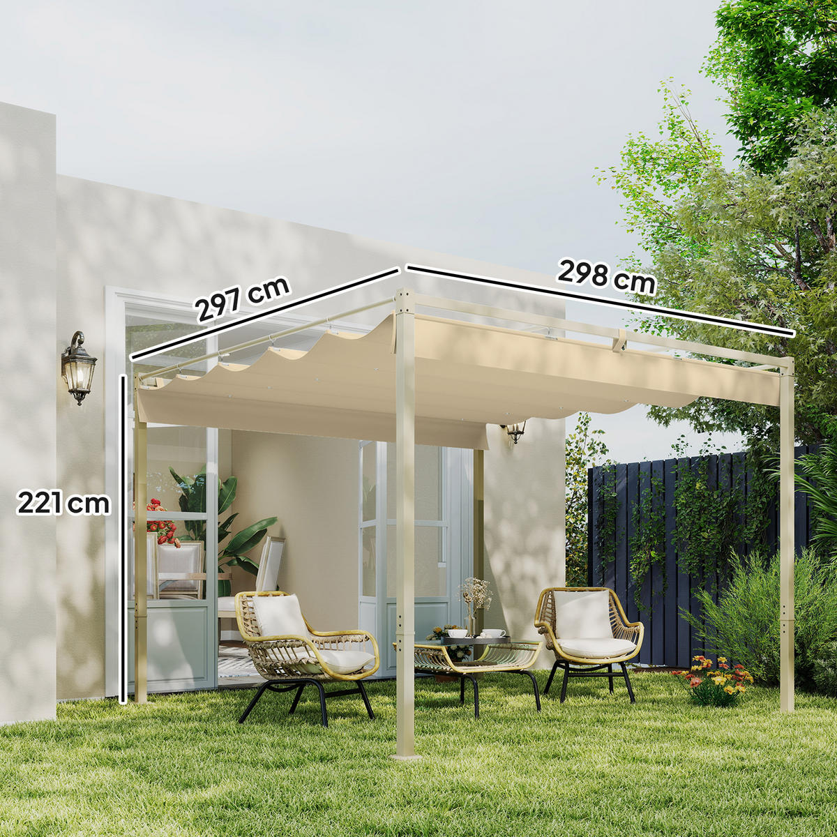 PERGOLA mit einziehbarem Dach Khaki 298/297/221 cm - Beige, Textil/Metall (297/221/298cm) - Outsunny
