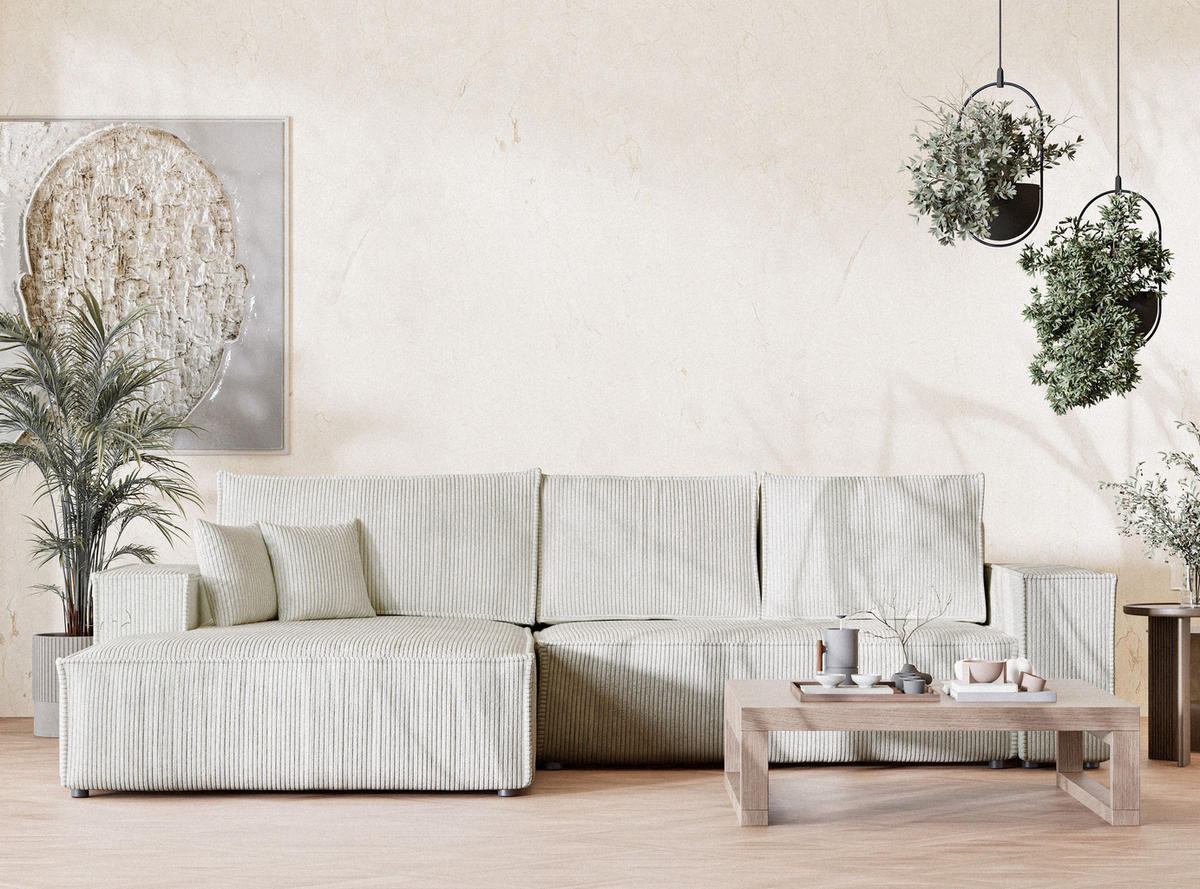 ECKSOFA MIT SCHLAFFUNKTION Maze Creme Samtstoff - Creme/Schwarz, Holz/Holzwerkstoff (294/185cm) - Maison de Reve