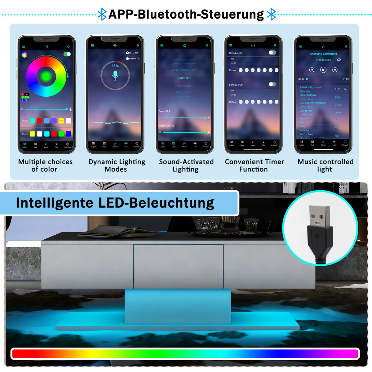 COUCHTISCH 100/60 cm mit 2 Schubladen in Weiß hochglänzend mit LED-Beleuchtung - Weiß, Holzwerkstoff (100/60/36cm) - OKWISH