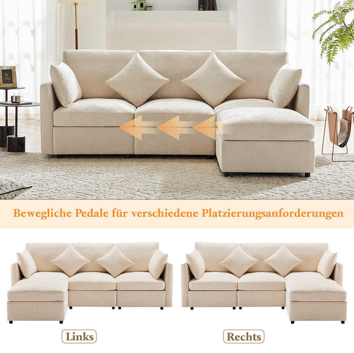 ECKSOFA in Beige Chenille-Stoff， L-förmiges - Beige, Kunststoff/Textil (161/216cm) - KOMHTOM