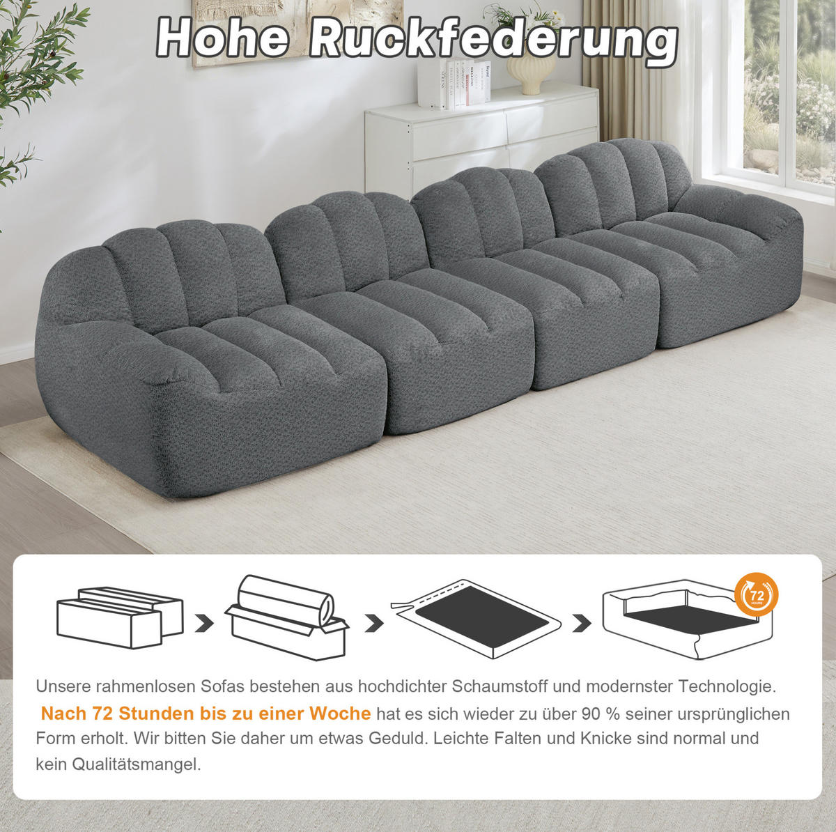 SOFA in Grau aus Granuliertem Fleece mit breiter Sitzfläche - Grau, Textil (104/79/366cm) - Flora Grace