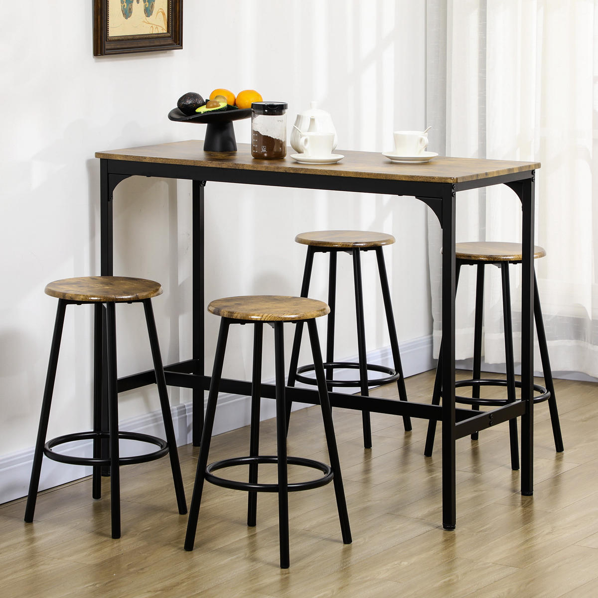 BARTISCH mit Barhocker Set, 5-tlg. Bartisch-Set, Küchentisch mit 4 Barhocker - Braun, Kunststoff (50/89.5/110cm) - HOMCOM