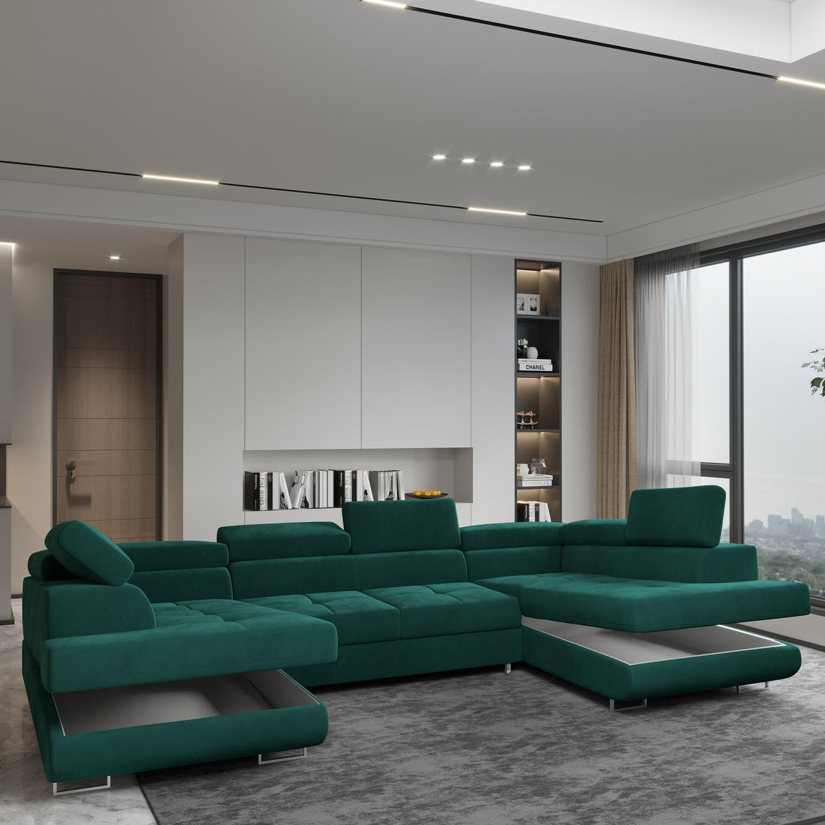 WOHNLANDSCHAFT RAGGIO Grün Velours-Stoff mit Schlaffunktion - Grün, Holz (336/90/202cm) - MASSENO