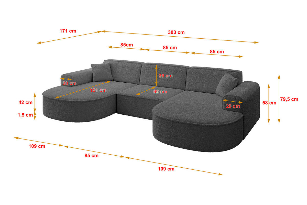 WOHNLANDSCHAFT MARI-U1 - 303x171x79 cm Grau Bouclé - Schwarz/Grau, Holzwerkstoff/Kunststoff (303/79/171cm) - ALTDECOR