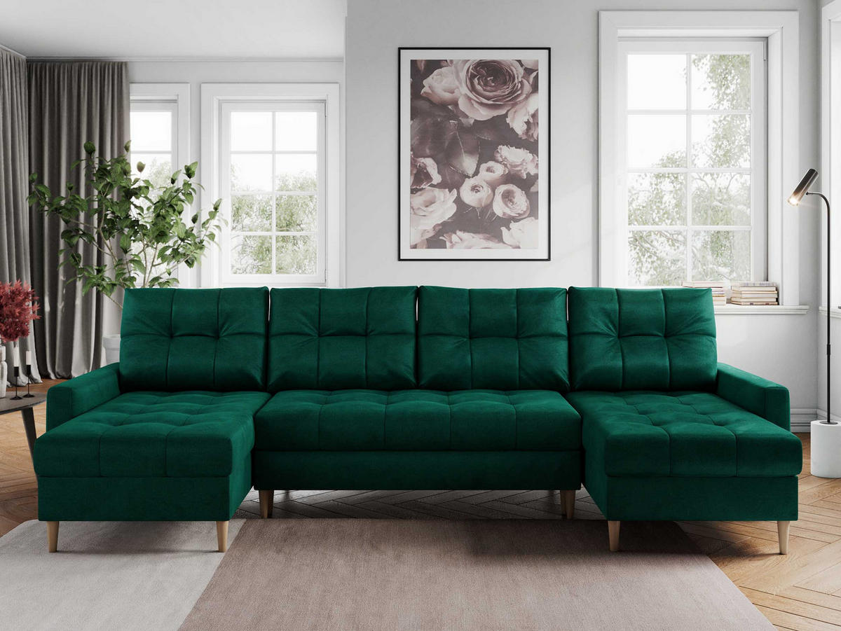 WOHNLANDSCHAFT Colin U Velvet Dunkelgrün - Dunkelgrün/Braun, Holz/Textil (290/75/140cm) - MKS