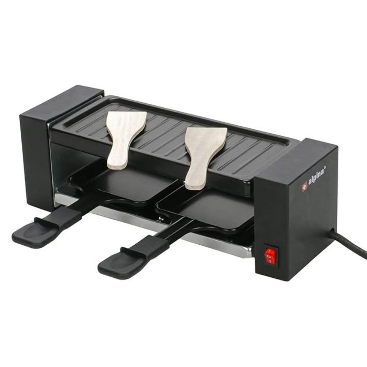 RACLETTEGRILL Mini Tischgrill, 2 Personen, Antihaftbeschichtet, Edelstahl Grill, Raclette Gerät, Pfännchen Set - Schwarz, Metall (10/10/30.4cm) - Alpina