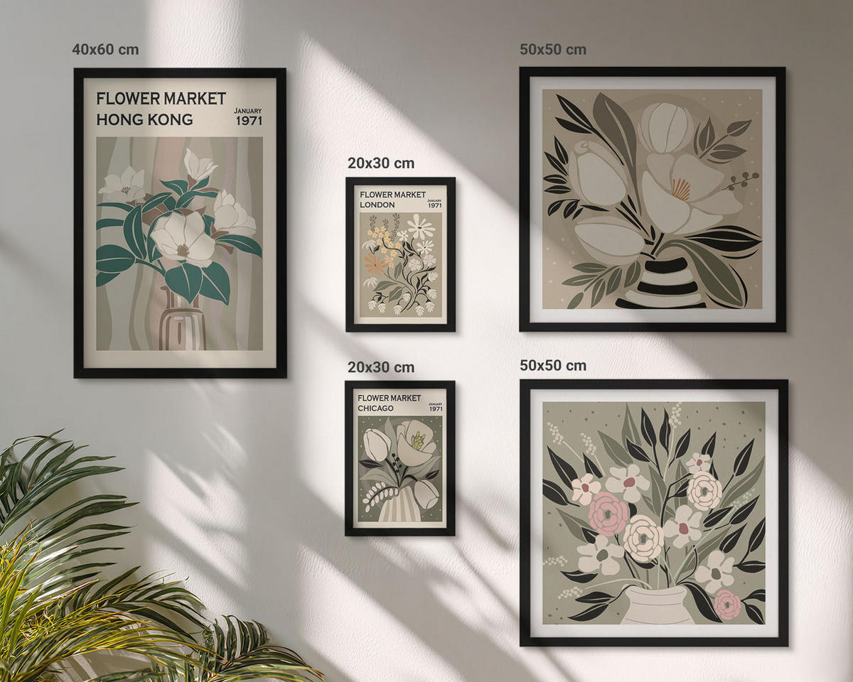 BILDER SET 5er Set - 50x50 cm & 20x30 cm & 40x60 cm Schwarzer Rahmen - Blumenillustrationen London Hongkong - Schwarz, Kunststoff (40/60cm) - TULUP
