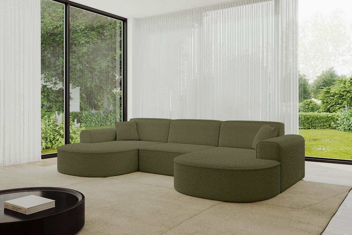 WOHNLANDSCHAFT MARI-U1 - 295x163x73,5 cm Grün Bouclé - Schwarz/Grün, Holzwerkstoff/Kunststoff (295/73.5/163cm) - ALTDECOR