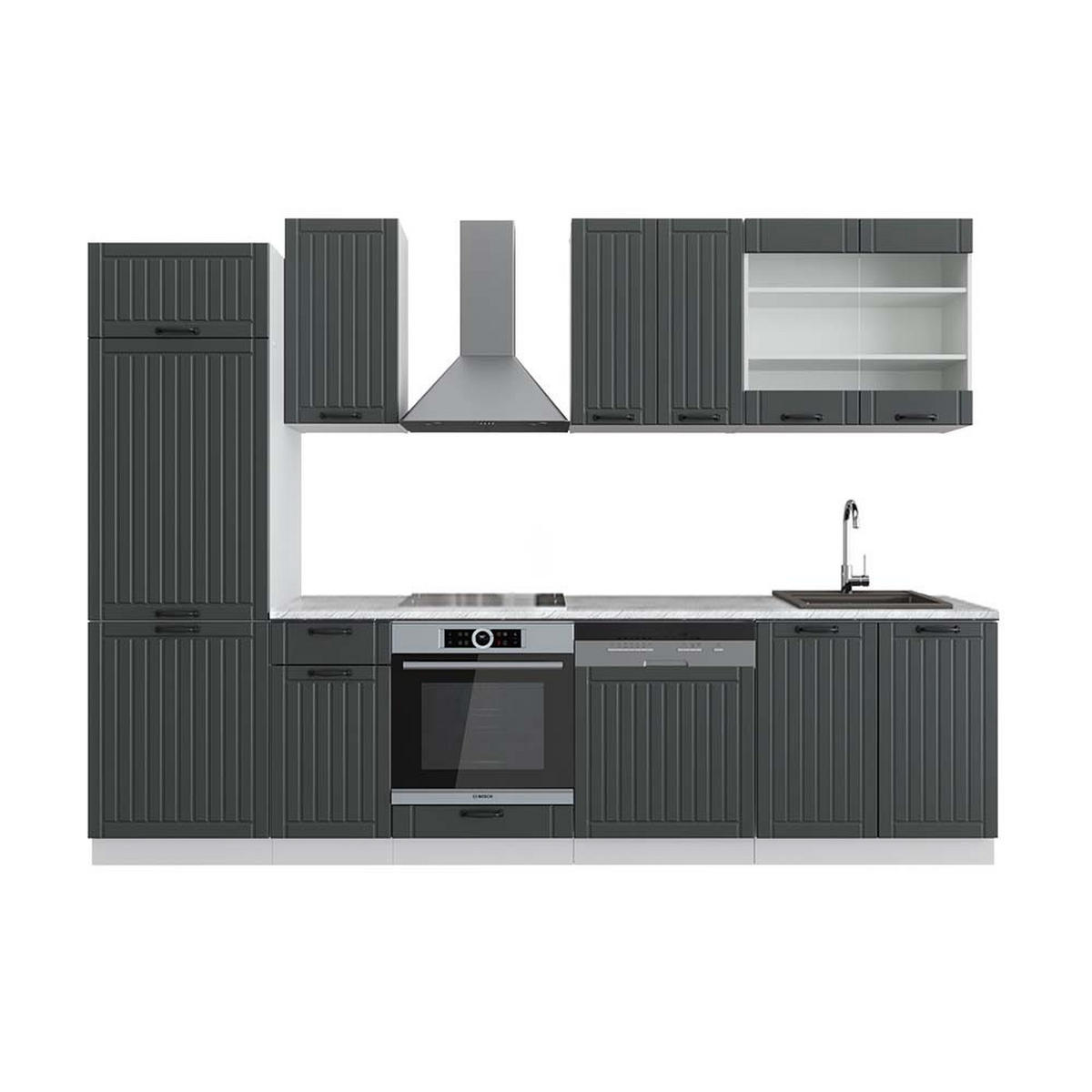 KÜCHENZEILE Fame-Line Anthrazit Landhaus/Weiß 300 cm, AP Marmor - Dunkelgrau/Weiß, Holzwerkstoff (300/81.6/60cm) - Vicco