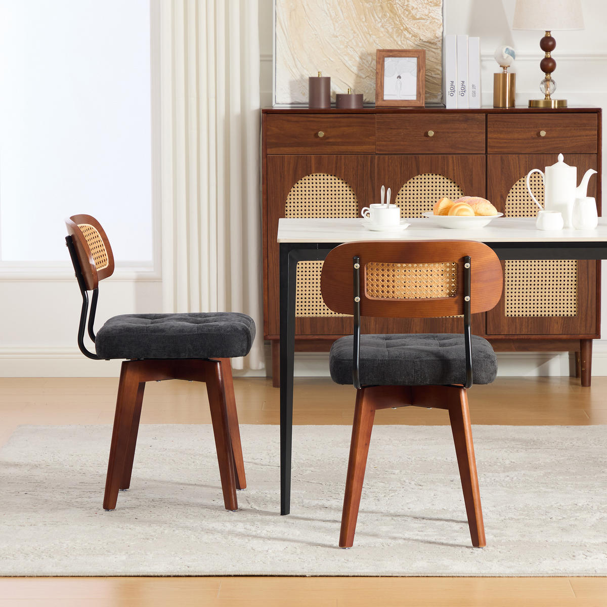 STUHL-SET 2 Stück Rattan 360° drehbar, DE-42279, Schwarz - Schwarz, Metall (50/77/43cm) - ComfortXL