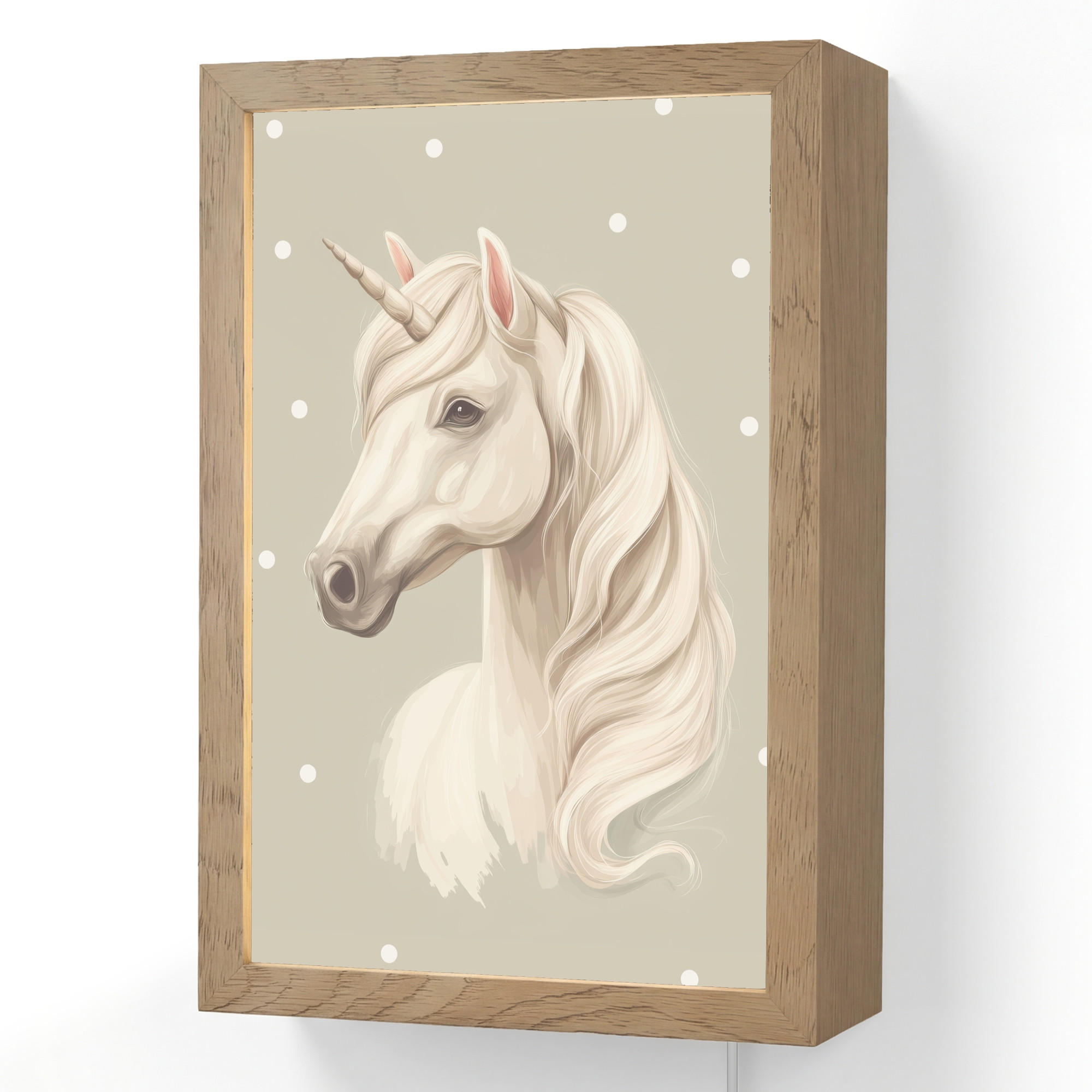 NÁSTĚNNÁ LAMPA Jednorožec - bílý - tečky 20x30 cm - šedohnědá, kompozitní dřevo (20/30/8cm) - OnlyWow