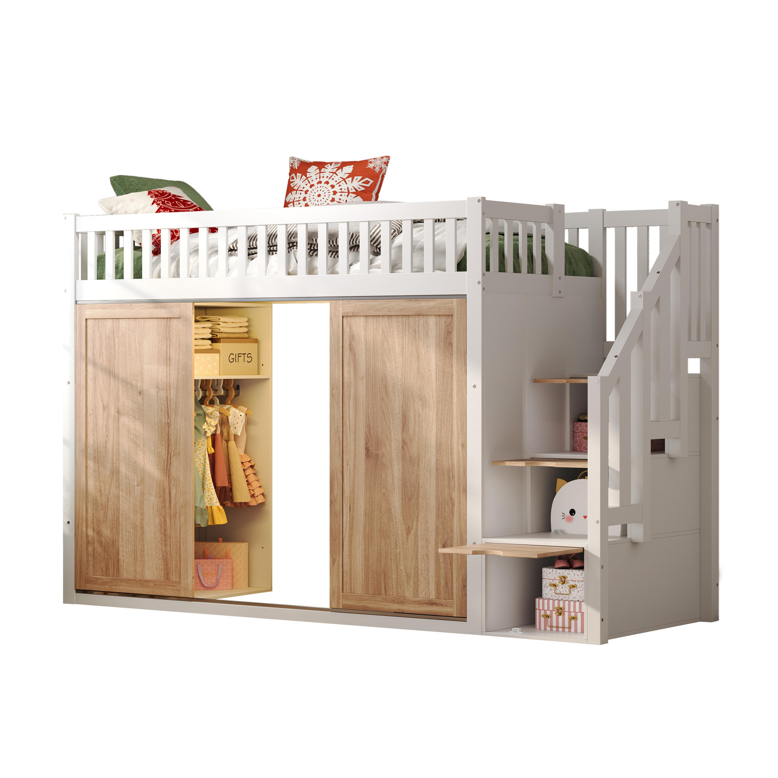 HOCHBETT 90/200 cm mit Kleiderschrank, Treppenschrank und App-gesteuerter LED-Lichtleiste, Weiß/Eichefarben - Weiß, Holzwerkstoff (90/200cm) - Redom
