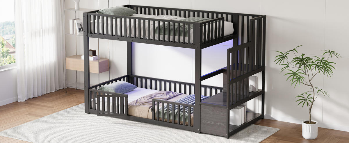 ETAGENBETT 90x200 cm mit Stauraumleiter und LED-Kopfteil, Schutzgittern und Einstiegstür, schwarz - Schwarz, Holzwerkstoff (90/200cm)
