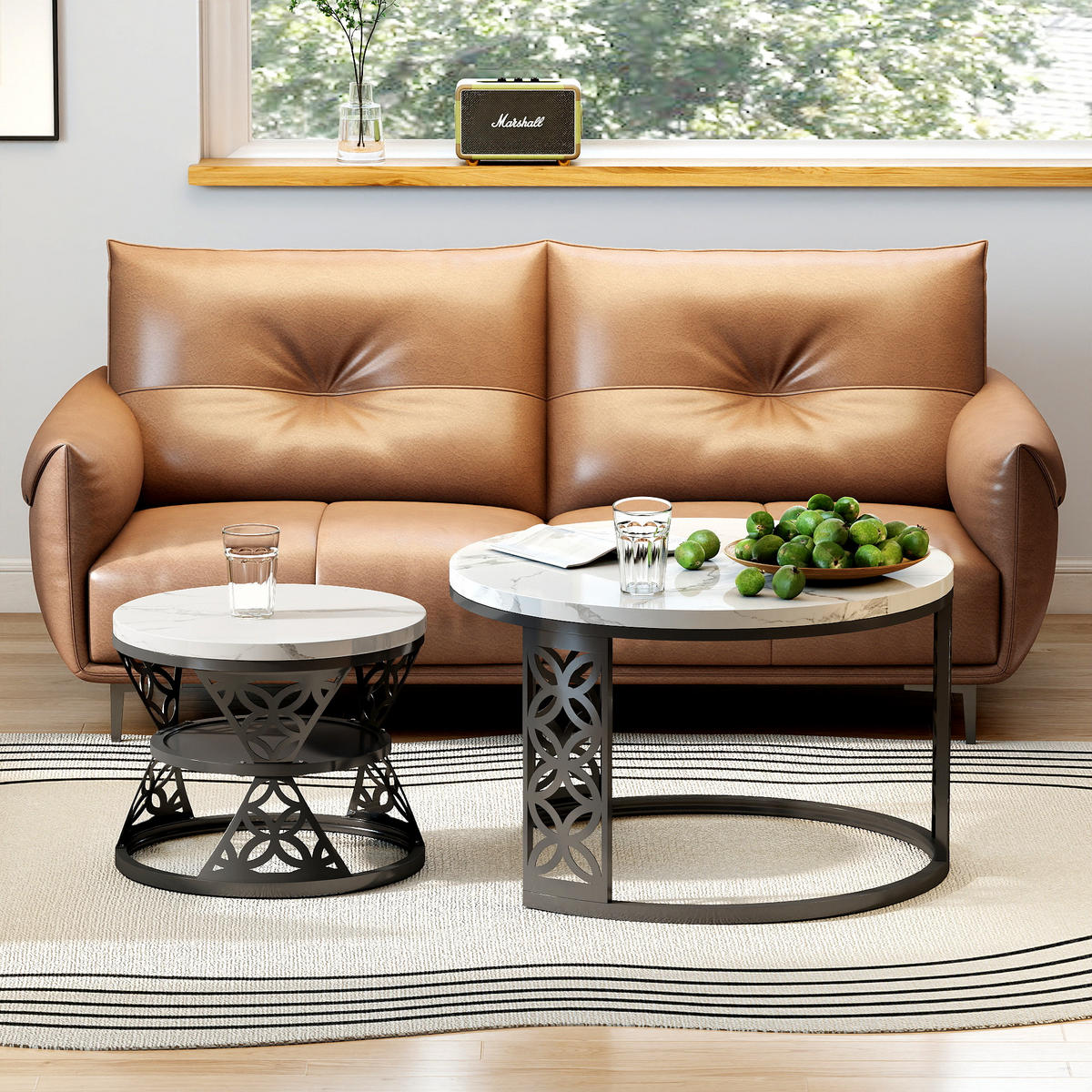 COUCHTISCH in Weiß/Schwarz Hitzebeständiger Wohnzimmertisch mit Marmor-Optik Platte Sofatisch mit Metallgestell - Schwarz/Weiß, Holzwerkstoff/Metall (70/70/45cm) - STILVORA