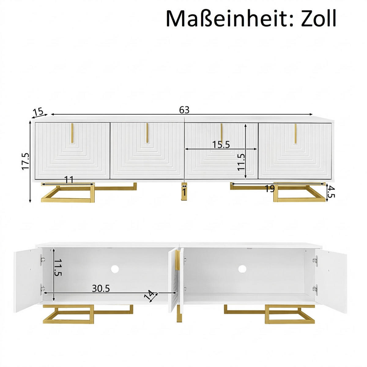 TV-SCHRANK 160/38/44,5 cm Weiß mit 4 Türen und goldenen Beinen - Goldfarben/Weiß, Holzwerkstoff/Metall (160/44.5/38cm) - Oxeza