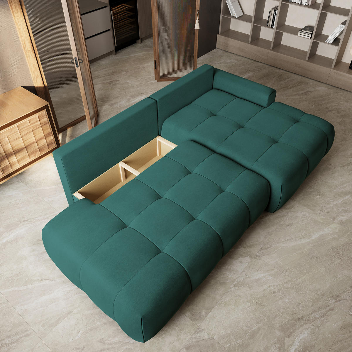 ECKSOFA FLUMA CL R-S Blau Samtstoff mit Schlaffunktion - Blau, Holzwerkstoff/Textil (279/158cm) - MASSENO