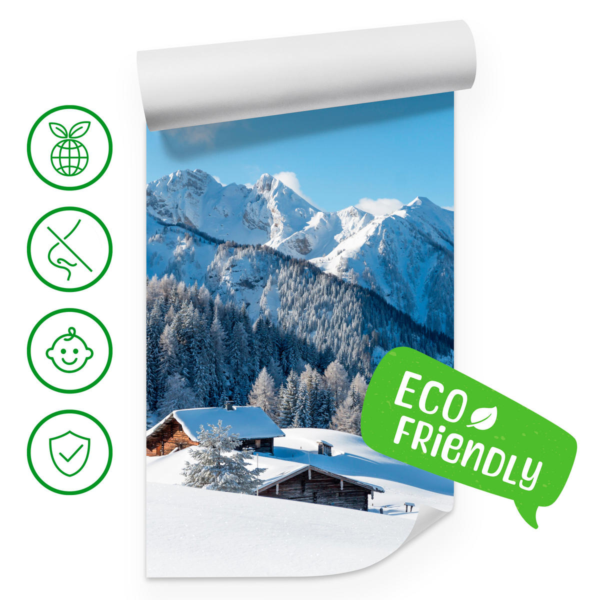 FOTOTAPETE für Wohnzimmer Felsige Berge Winter Tannen Holzhütten Schnee 300x210 - Braun/Weiß, Papier (300/210cm) - Muralo