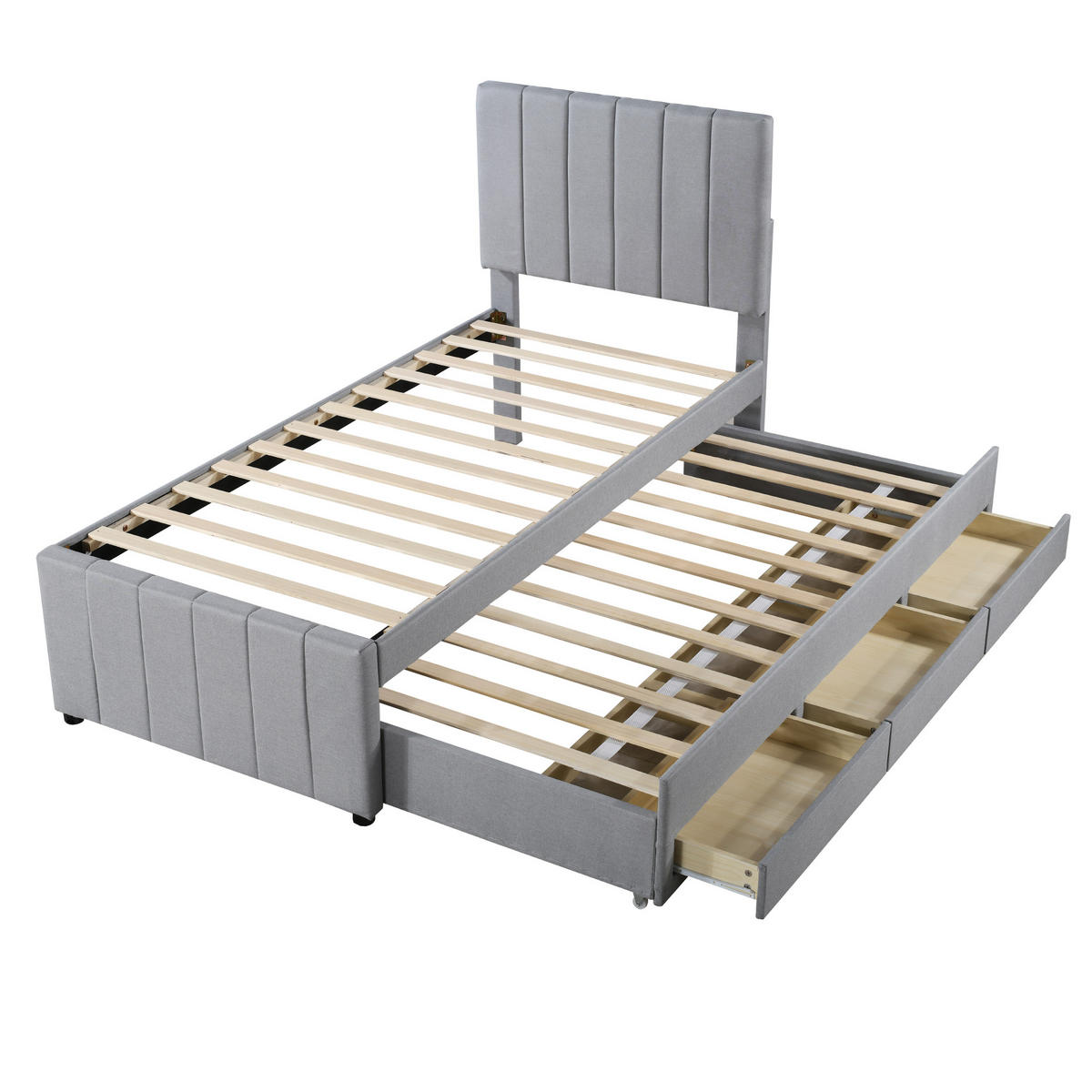 POLSTERBETT 90/200 cm grau mit Rollbett und Stauraumschubladen - Grau, Textil (90/200cm) - OKWISH