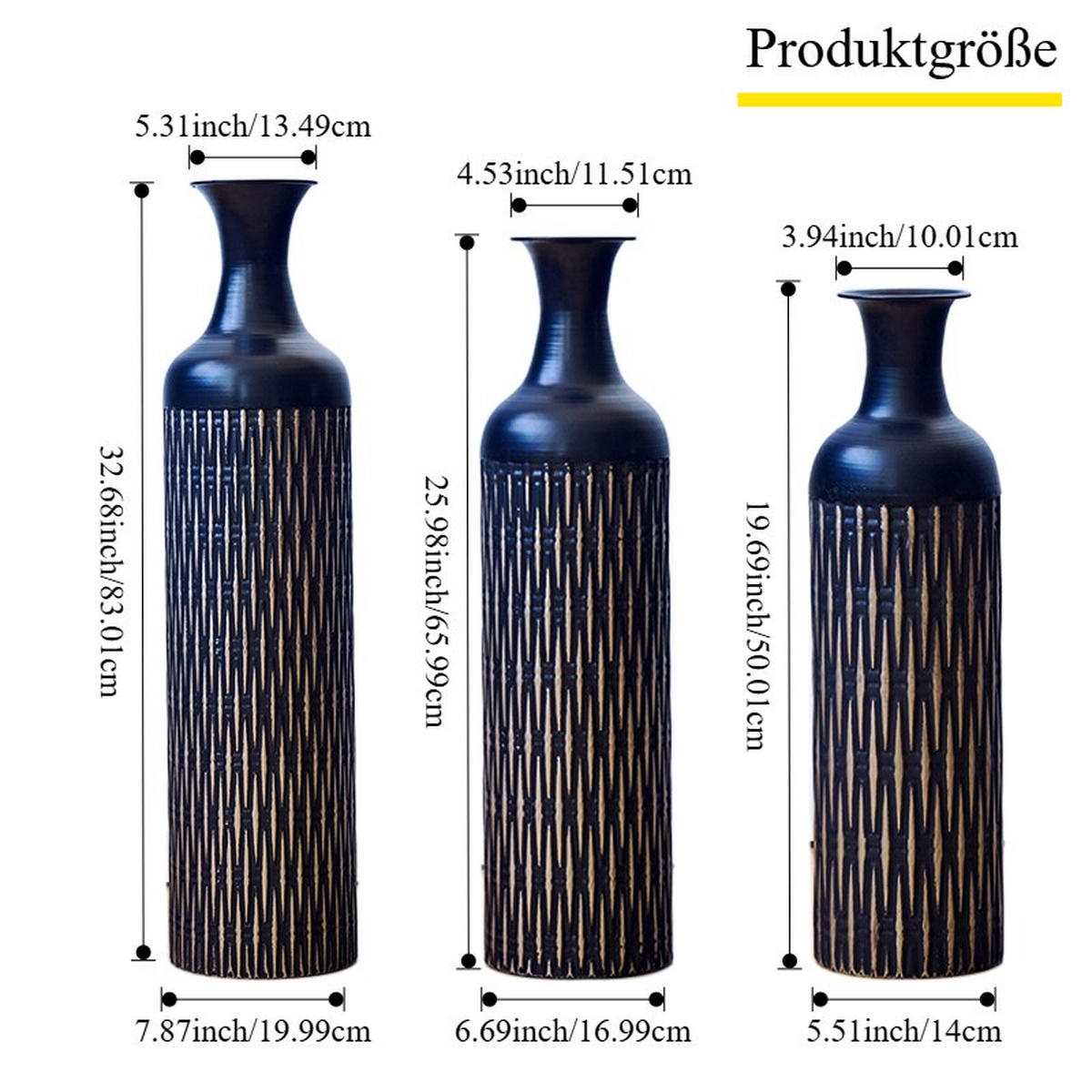 BODENVASE 3-tlg Set 50-83cm Metall Standvase Rillenmuster schwarz matt Deko - Schwarz, Metall (92cm) - Raelunyi