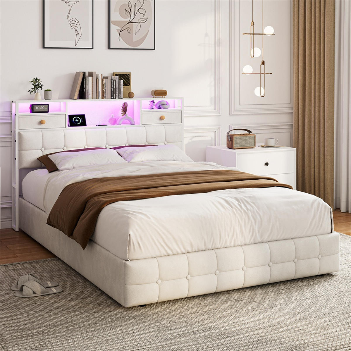POLSTERBETT 140x200 cm - mit LED-Beleuchtung, 2 Nachttisch-Schubladen und hydraulischem Bettkasten - Beige - Beige, Textil (140/200cm) - DELFA