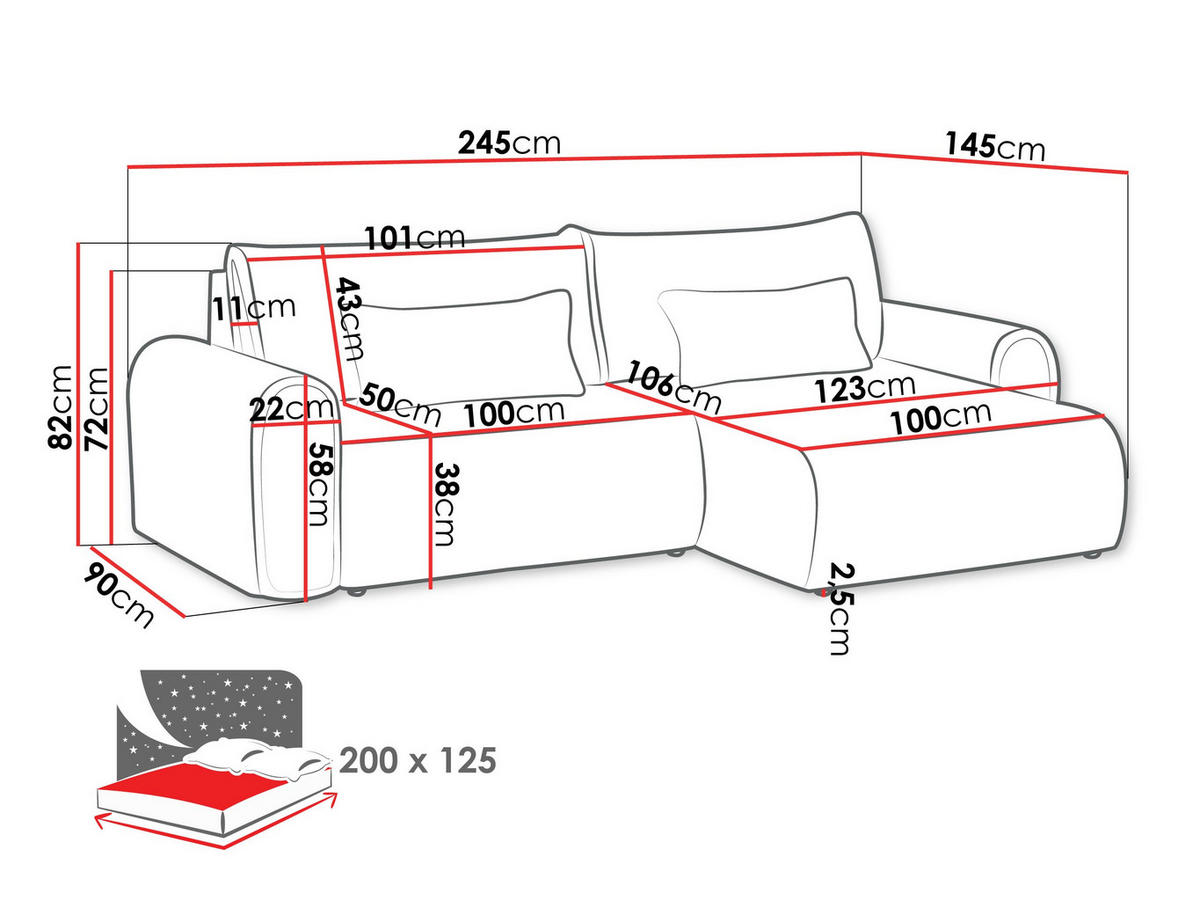 ECKSOFA Surles Cord - Schwarz, Holz/Kunststoff (245/145cm) - MIRJAN24