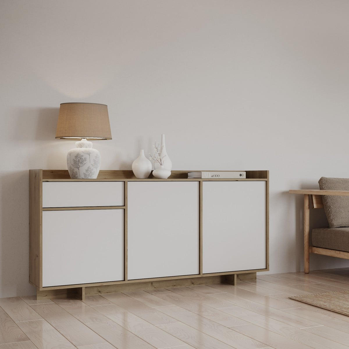 SIDEBOARD mit 3 Türen und 1 Schublade, Dekor Eiche royal und Weiß 157,4/35,9/82,3 cm - Apfelbaumfarben, Holzwerkstoff (35.9/82.3/157.4cm) - Calicosy