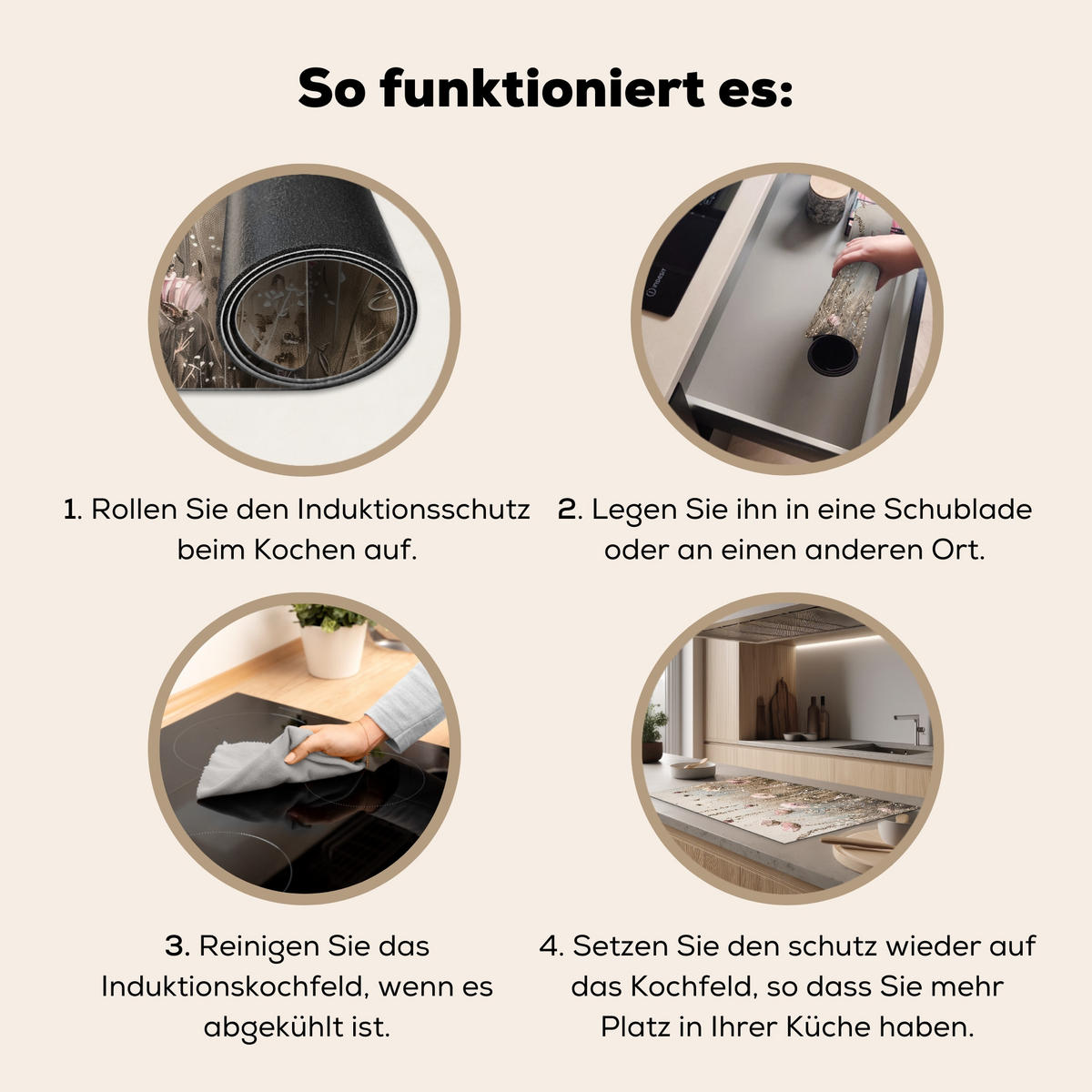 HERDABDECKPLATTE Blumen - Beige - Trockenblumen Induktionsschutz 91.2x52 cm - Beige, Kunststoff (91.2/52/0.2cm) - MuchoWow