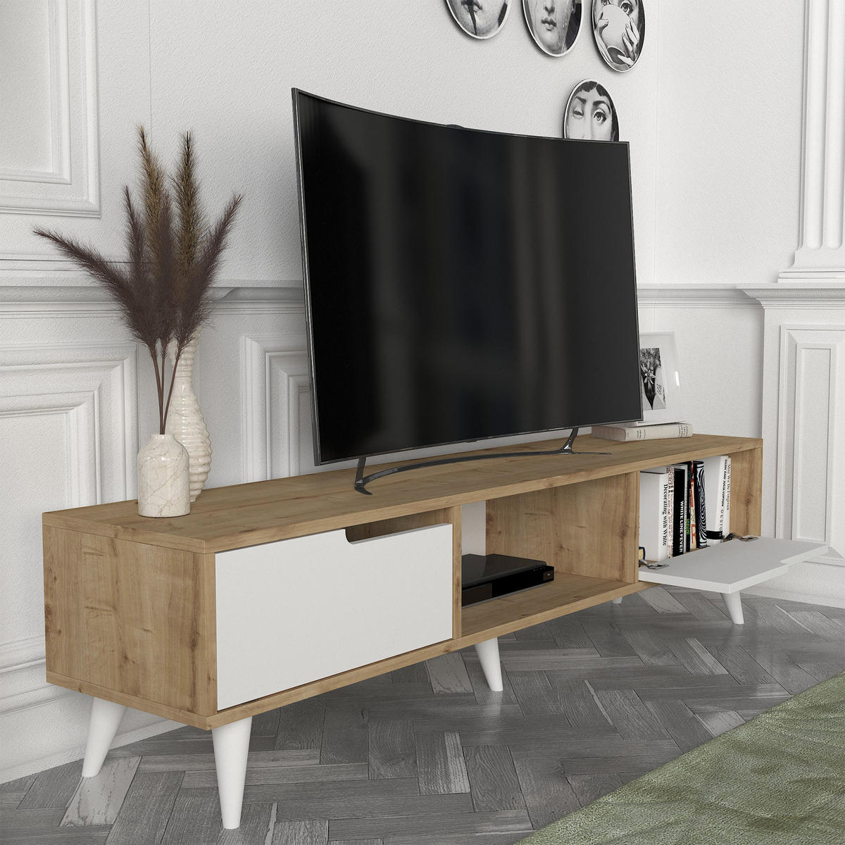 FERNSEHSCHRANK Kullila - Eichefarben/Weiß, Holzwerkstoff (35/40/160cm) - [en.casa]