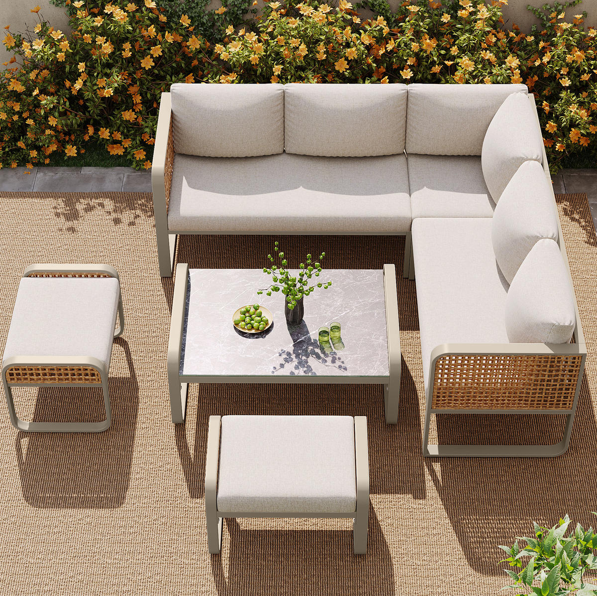 GARTENMÖBEL 120x61x69cm beige aus Rattan und Metall, mit Kissen - Beige, Metall - Modfu