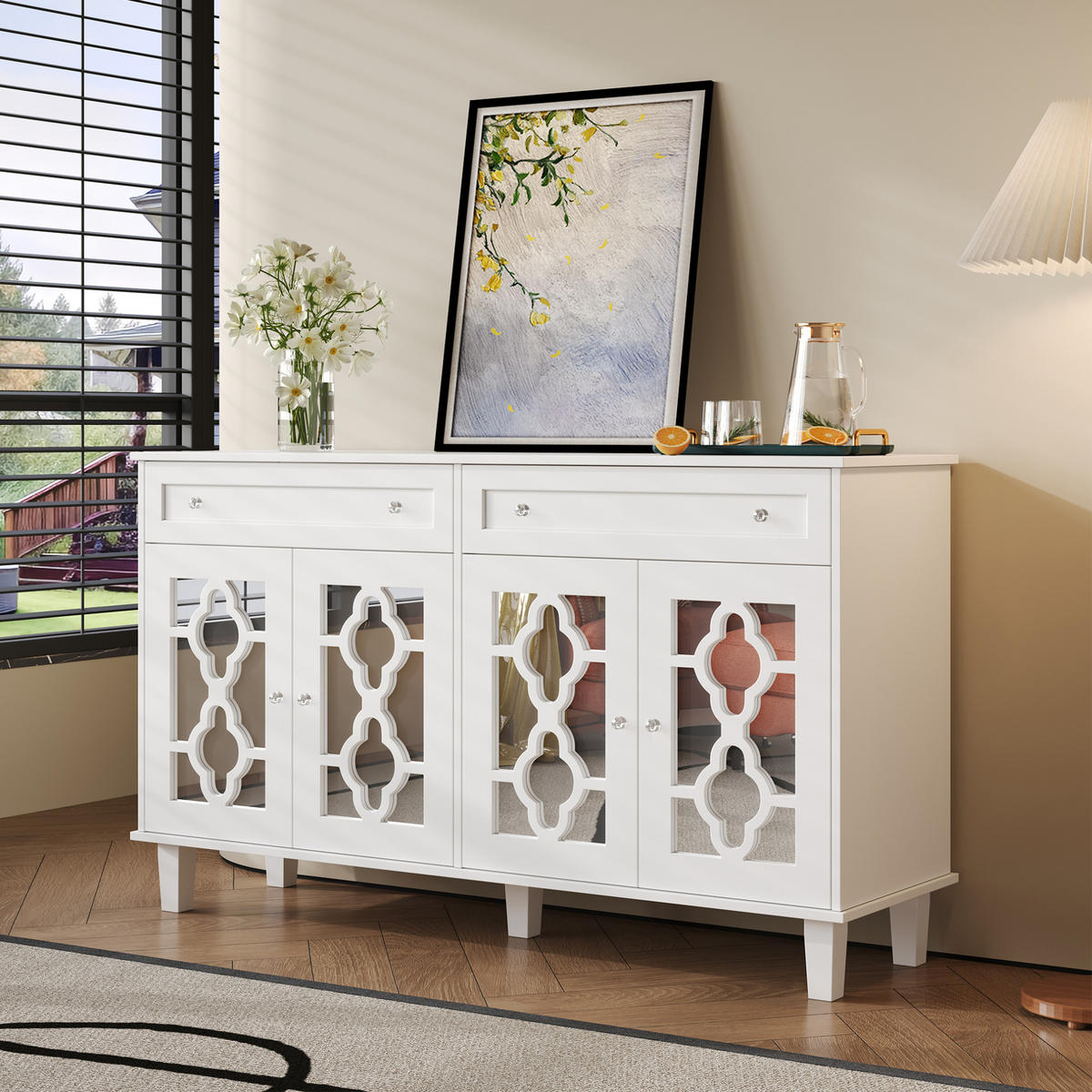 SIDEBOARD mit 4 Spiegeltüren und 2 Schubladen 140 cm MDF Weiß - Weiß, Holzwerkstoff (140/83/40cm) - Meubliv