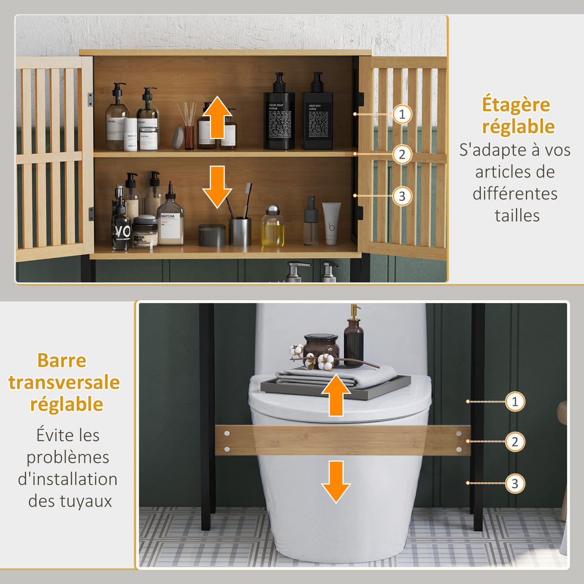 BADEZIMMERREGAL DE-15883 mit 2 Türen & offenem Fach Bambus - Naturfarben, Holzwerkstoff (21.5/172/60cm) - ComfortXL