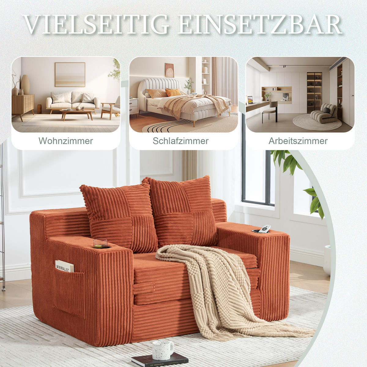 1,5-SITZER ausklappbar, Getränkehalter/Seitentasche, Cord, Orange - Orange, Textil (133/64/87cm) - LVHOM