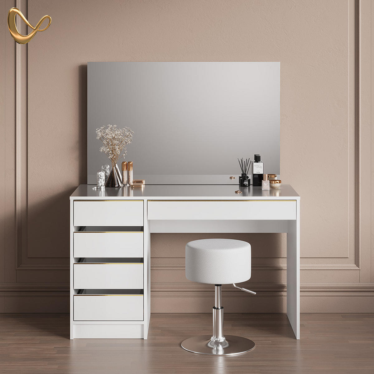 SCHMINKTISCH Imola Weiß/Gold 120 cm mit Hocker - Goldfarben/Weiß, Holzwerkstoff (120/75/55cm) - Livinity®