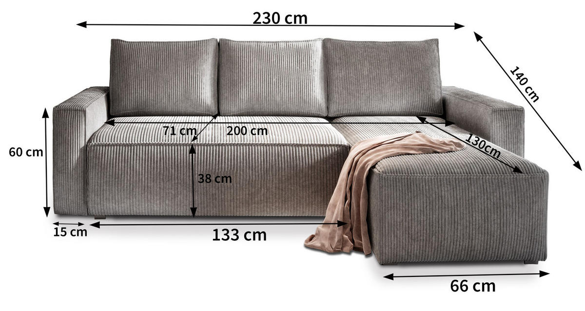 ECKSOFA POTARO Gelb Kordstoff mit Schlaffunktion - Gelb, Holz (232/140cm) - MASSENO