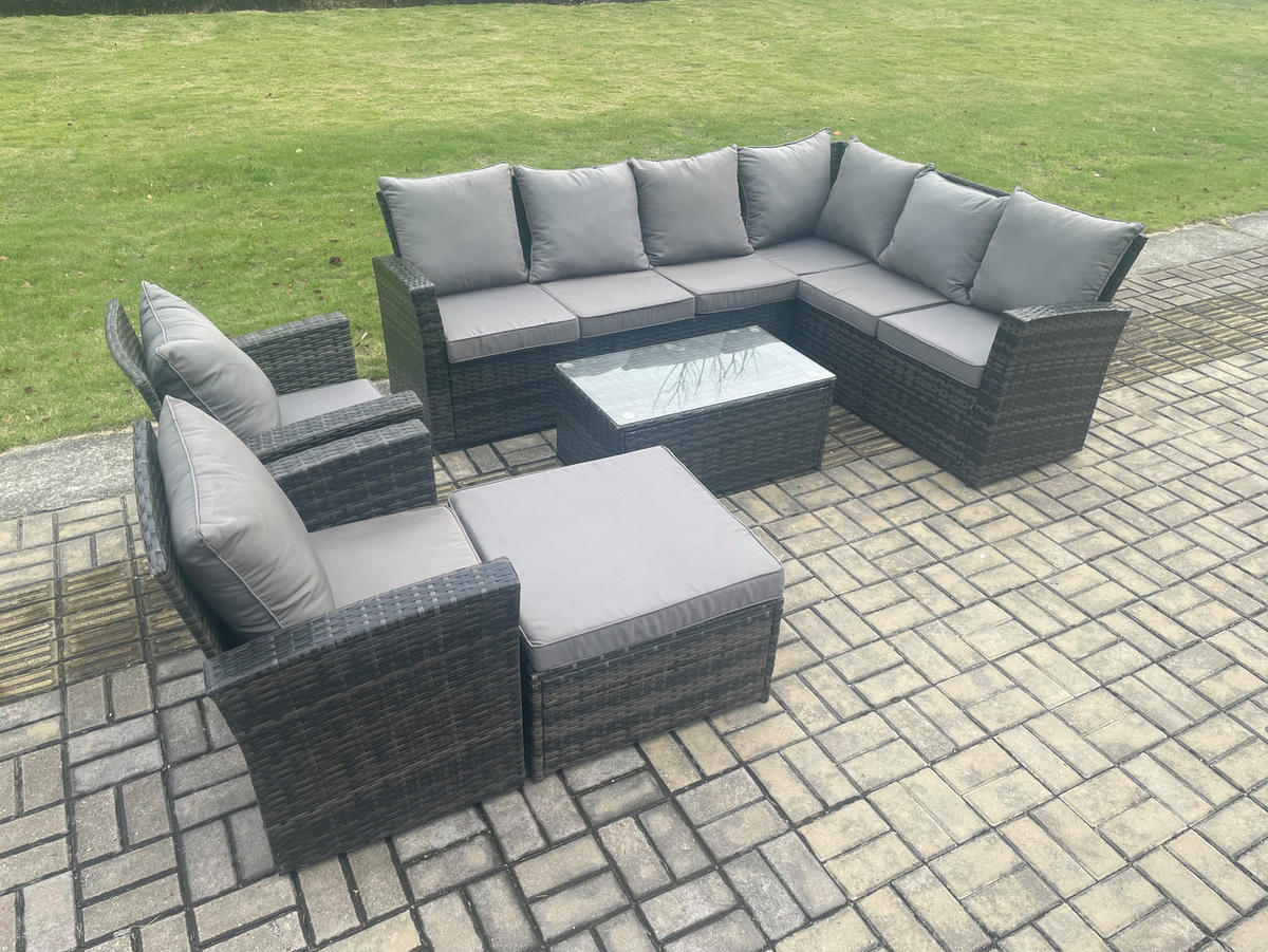 LOUNGEMÖBEL-SETS mit Couchtisch Sofa Polyrattan Dunkelgrau 9-Sitzer - Dunkelgrau/Grau, Glas/Kunststoff - Fimous