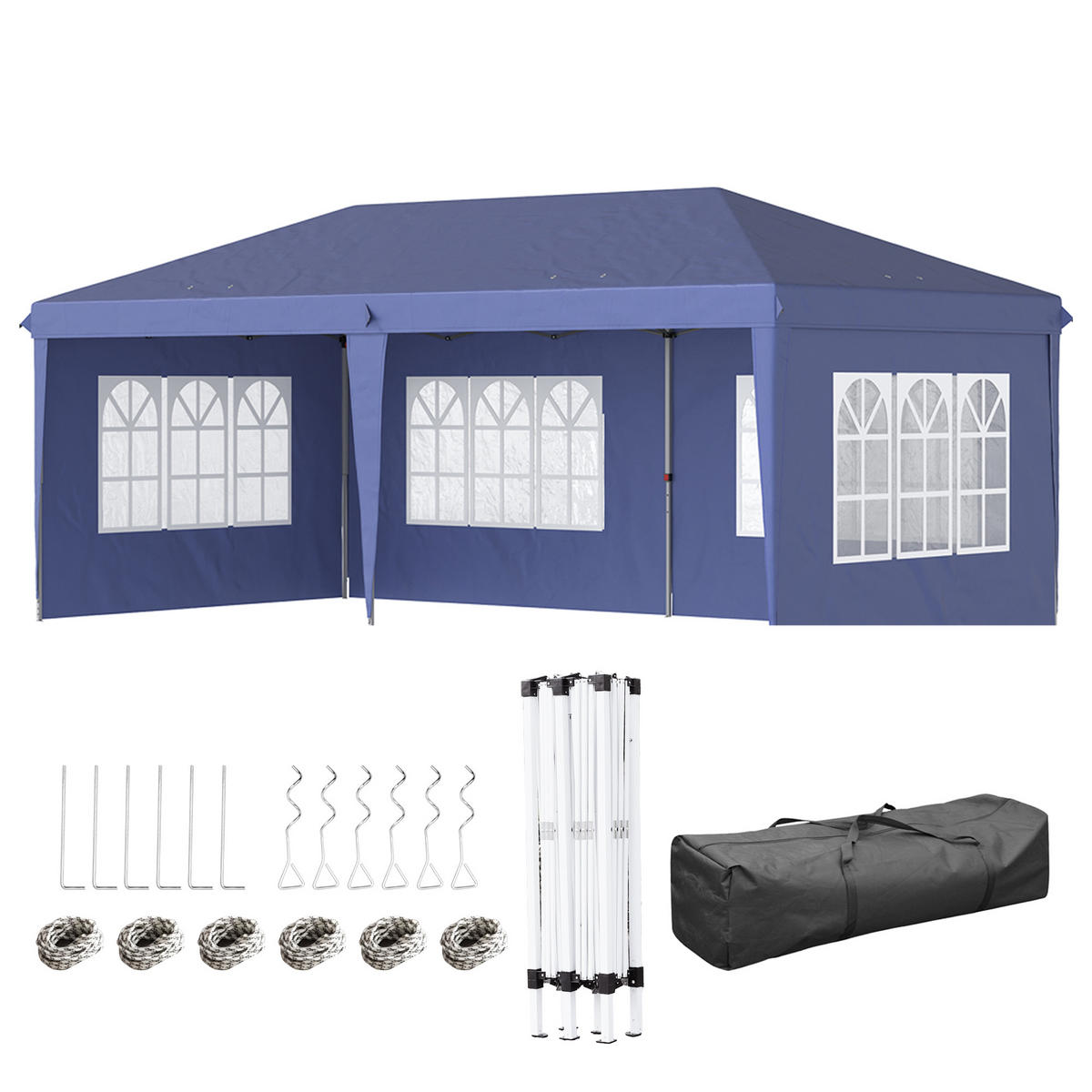 FALTPAVILLON 6 x 3 m, halboffen, abnehmbare Seitenwände, große Fenster, Tragetasche, Stahlrahmen, blau - Blau, Metall (585/270/295cm)