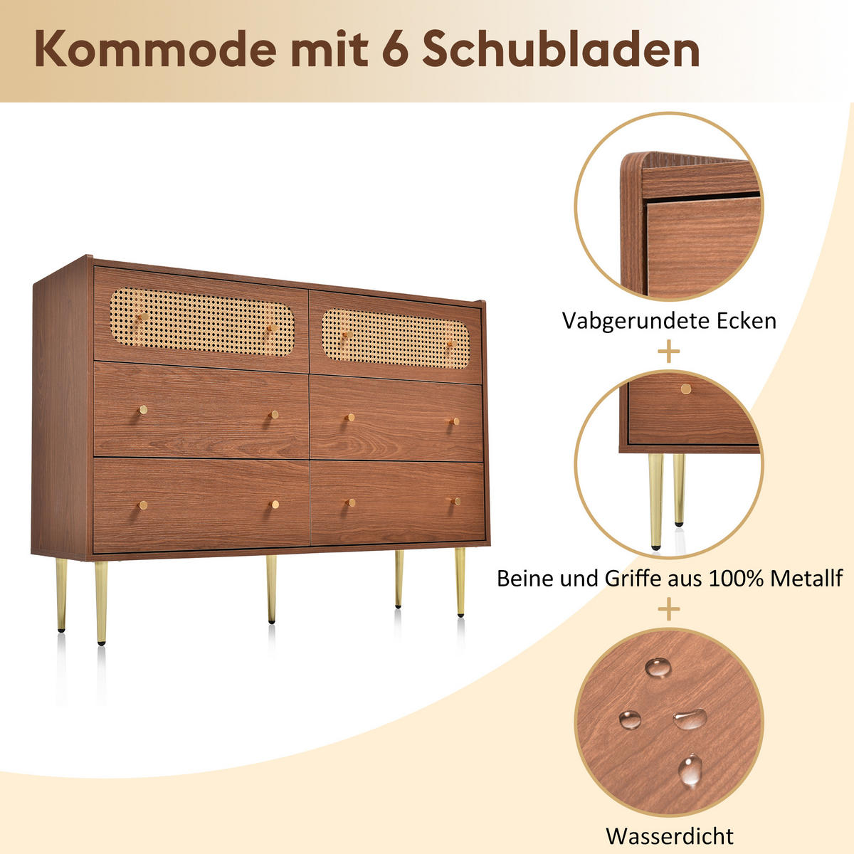 SIDEBOARD mit 6 Schubladen und Rattan-Elementen - Braun, Holzwerkstoff/Metall (120/90/40cm) - Urban Meuble