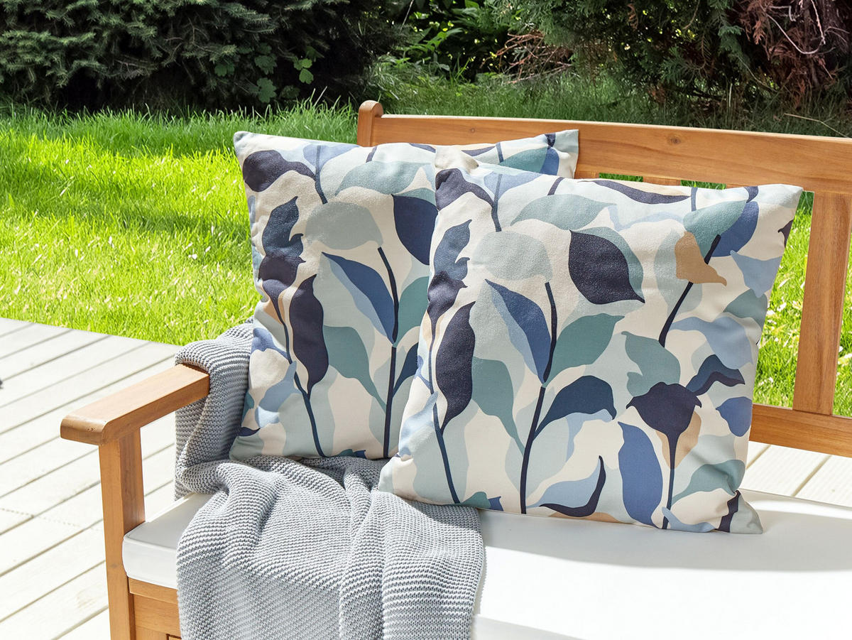 GARTENKISSEN 2er-Set Blattmotiv blau/weiß 45/45 cm Veglino - Dunkelblau, Textil (45/45cm) - Beliani