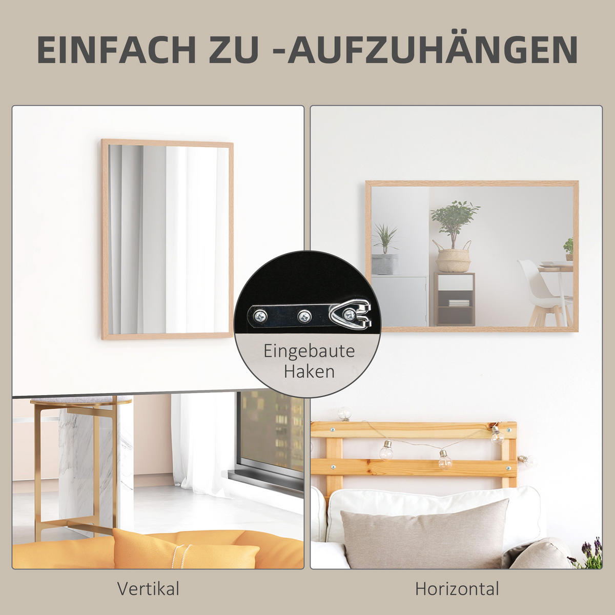 WANDSPIEGEL 50 x 70 cm, mit 4 Haken, Badezimmer - Naturfarben, Holzwerkstoff (50/70/2cm) - HOMCOM