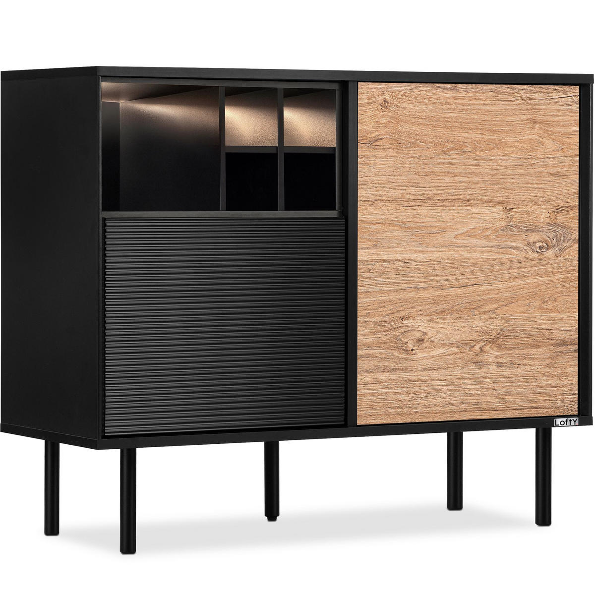 KOMMODE LOFTY Weineinlage, schwarz / Eiche natur - Eichefarben/Schwarz, Holzwerkstoff (102/83/41cm) - KONSIMO®