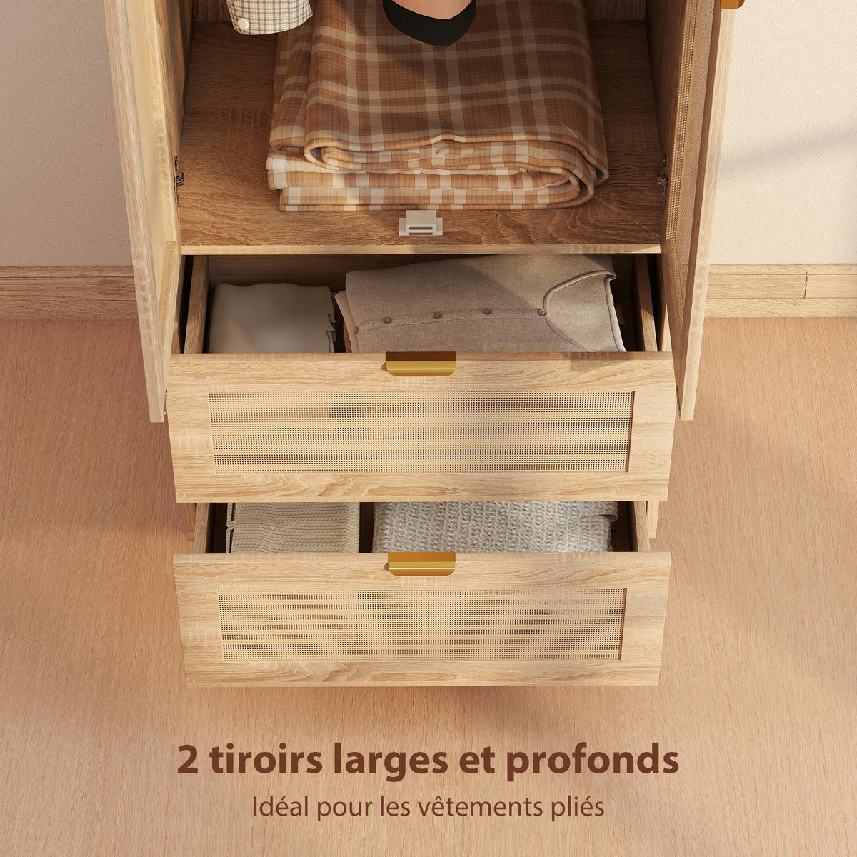 KLEIDERSCHRANK DE-17216 2 Rotting-Türen & 2 Schubladen Natur - Naturfarben, Holzwerkstoff (47/185/63cm) - ComfortXL