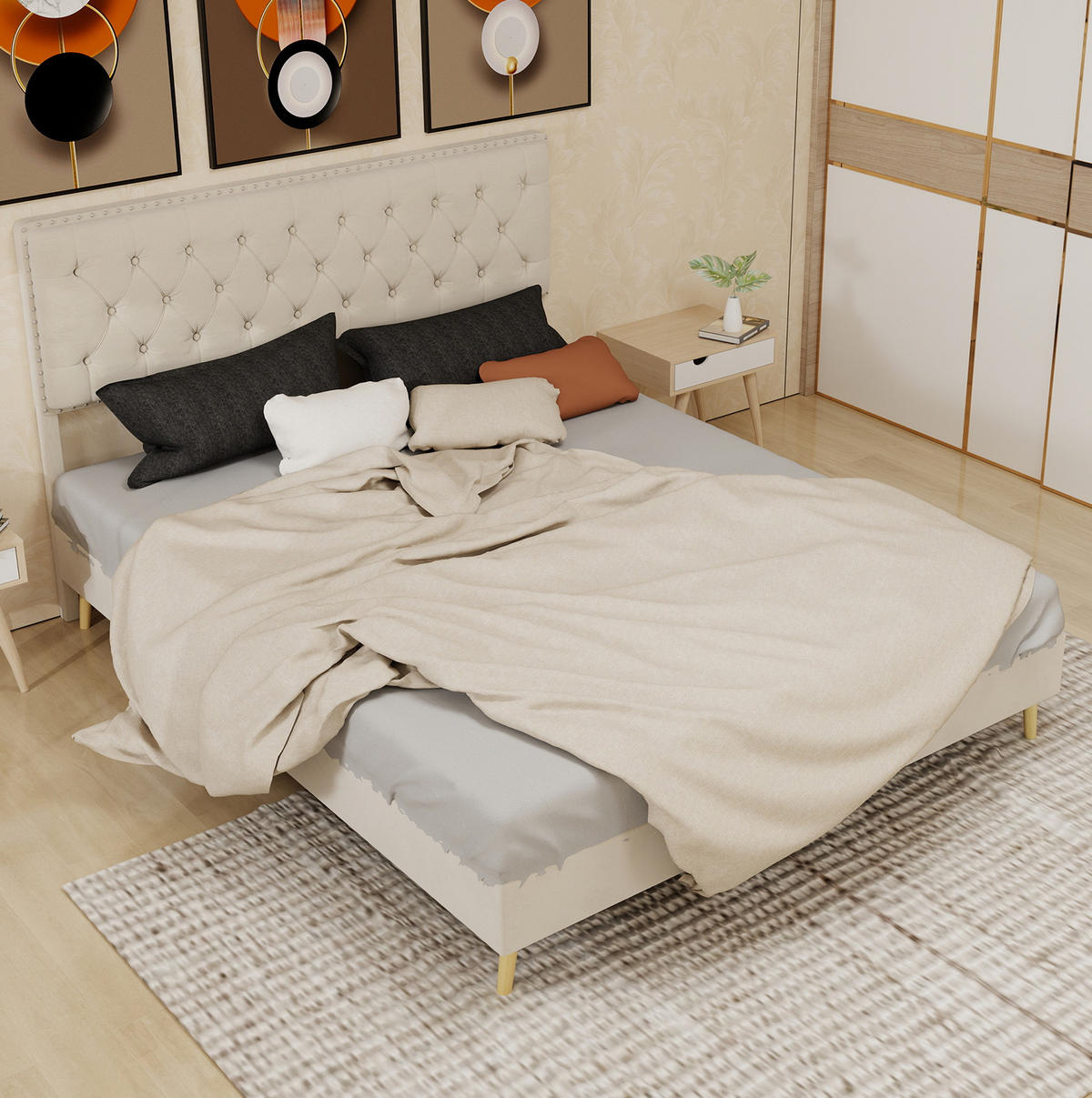 POLSTERBETT 160/200 cm aus Stoff und Metall mit hohem Kopfteil und Stauraum, Beige - Beige, Textil (160/200cm) - Redom