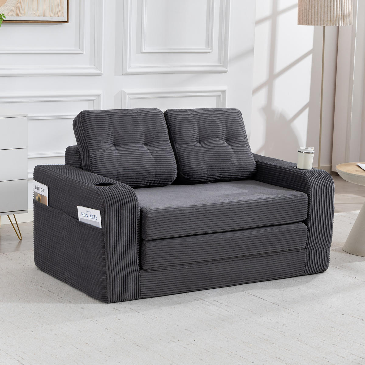 SCHLAFSOFA 2-Sitzer Sofa mit 2 Zierkissen,Lounge Sofa,Polstersofa,Cord,Grau - Grau, Textil (136/82.5/80cm) - LVHOM