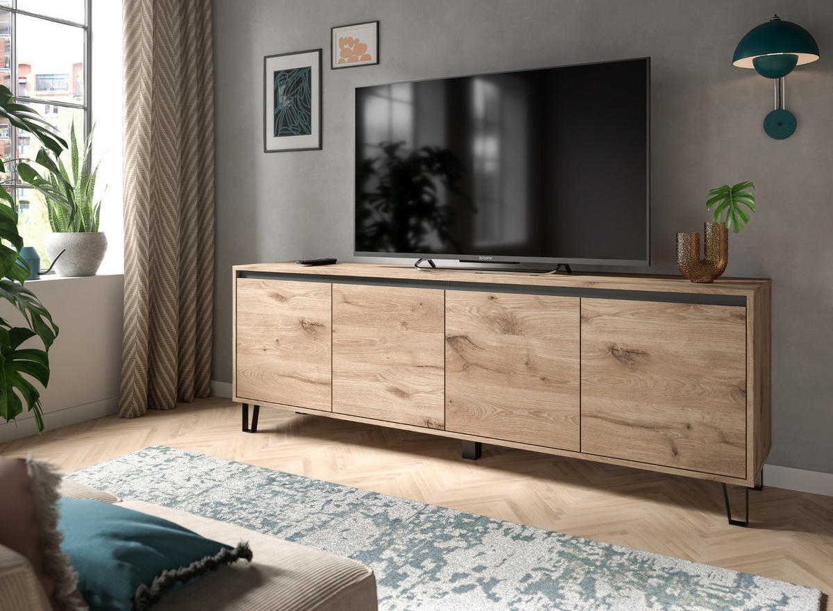 TV-LOWBOARD Eiche Viking 184 cm, Fernsehschrank in Komforthöhe mit Soft-Close - Eichefarben/Schwarz, Holz/Holzwerkstoff (184/64/40cm) - Inn.Furn