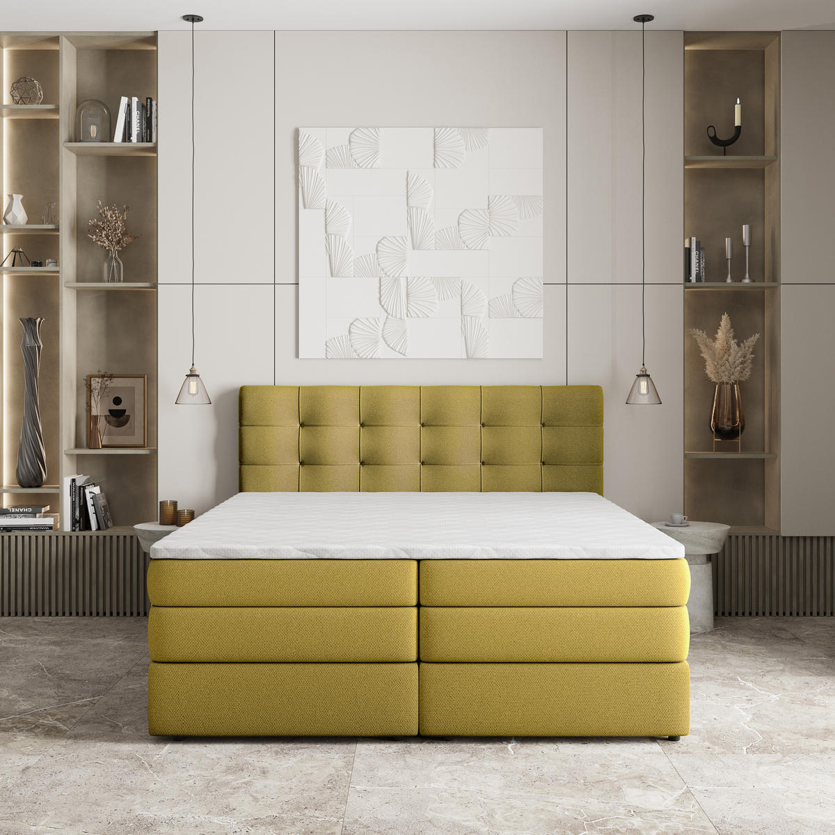 BOXSPRINGBETT AREZI 160x200 cm mit Matratze und Topper - Gelb - Gelb, Holz (160/200cm) - MASSENO